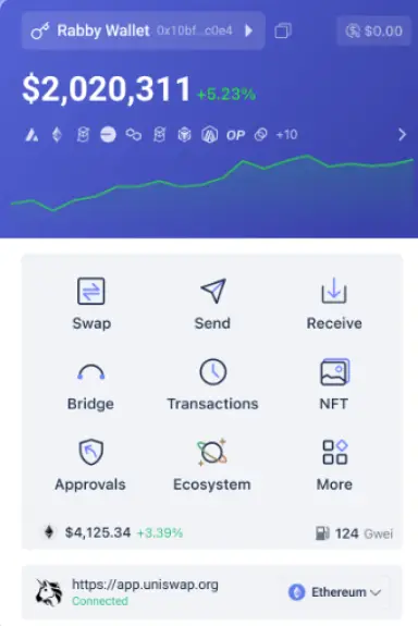 Rabby Wallet user interface showing DeFi tools like Swap, Bridge, NFT, and transaction tracking with no KYC