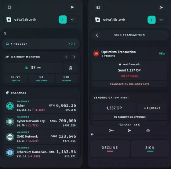Interface preview of Frame wallet showing ETH balances and a transaction being signed on Optimism network