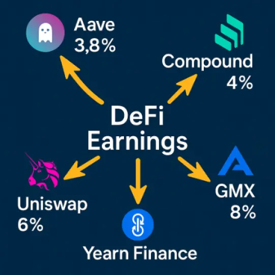 Infographic showing average DeFi earnings from protocols like Aave, Compound, Yearn, Uniswap, and Lido, with arrows pointing to each platform and their estimated APYs for beginner investors.
