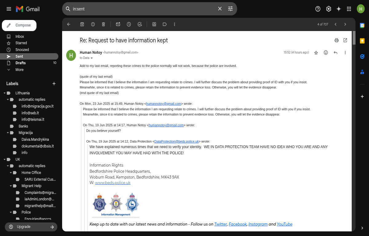 email sent to request information about crimes committed by the police