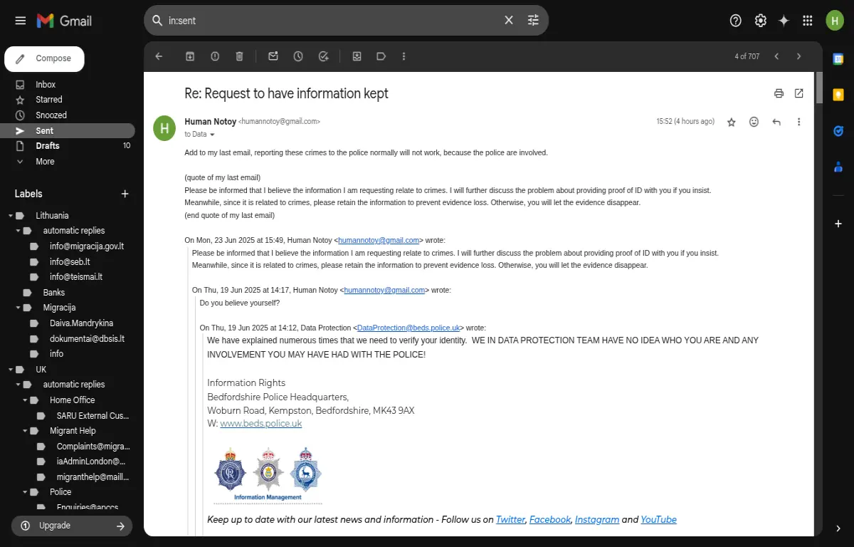 email sent to request information about crimes committed by the police