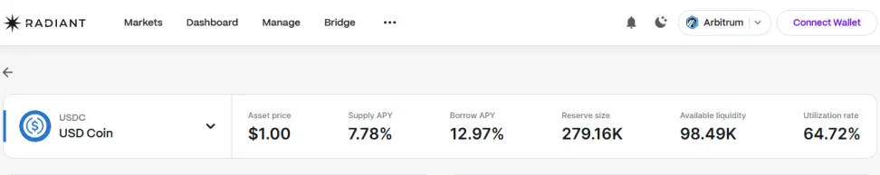 Radiant Capital USDC lending interface showing 7.78% APY and borrowing options on Arbitrum