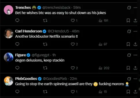 Screenshot of Crypto Twitter reactions mocking JP Morgan CEO Jamie Dimon’s claim that Bitcoin will be shut down in 10 years, including sarcastic and hilarious replies comparing it to Netflix plots and shutting down the Earth.