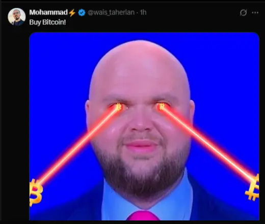 Meme image of a man with glowing laser eyes aiming at Bitcoin logos, symbolizing strong conviction in Bitcoin and mocking Jamie Dimon’s shutdown comments.