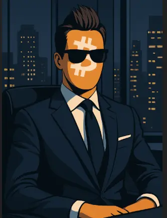Illustration of a suave businessman in a navy suit with Bitcoin logo as his face, styled like Harvey Specter with slicked-back hair and sunglasses, sitting confidently in a nighttime office overlooking a city skyline.