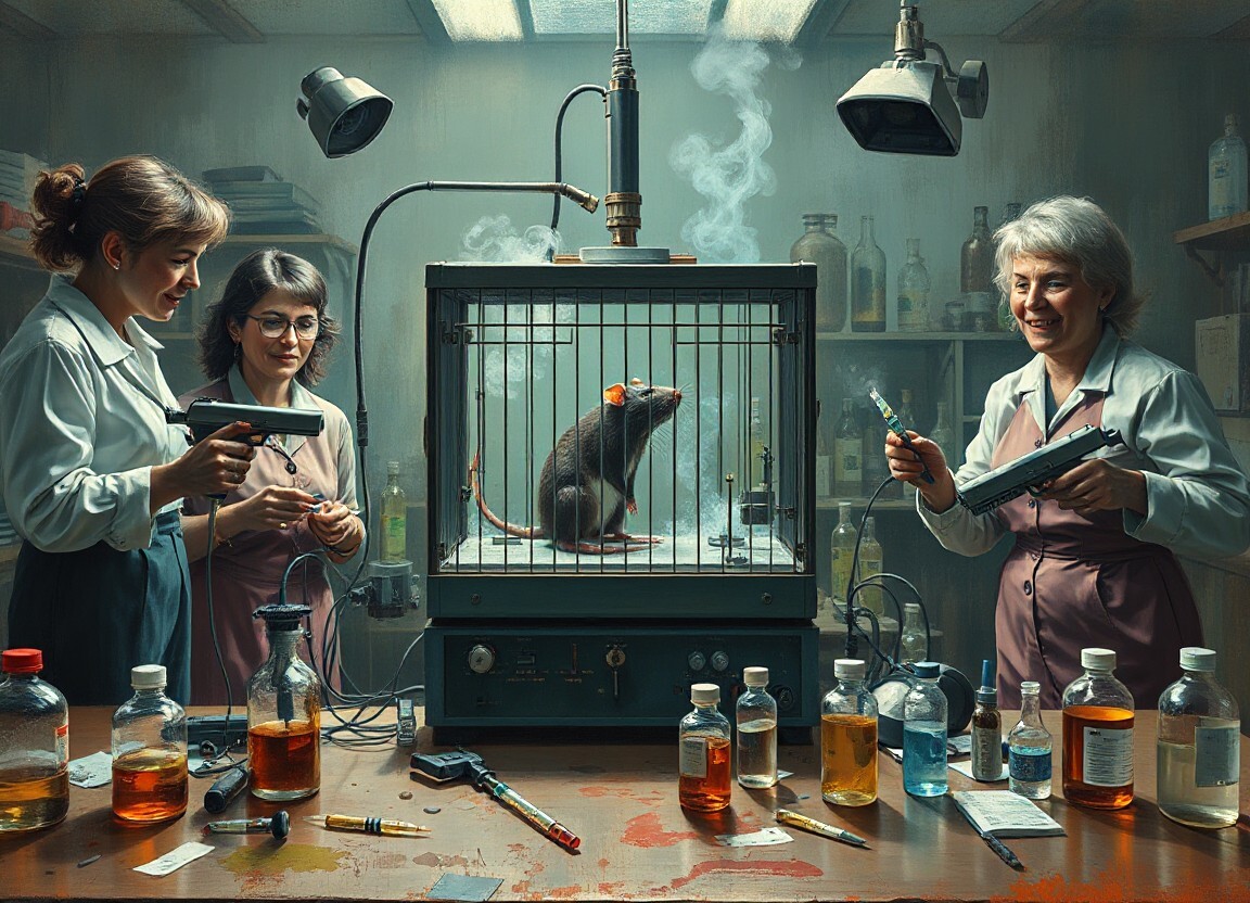 lab rat in a gas-filled cage surrounded by mad men and women laughing like maniacs with unknown devices aimed at it
