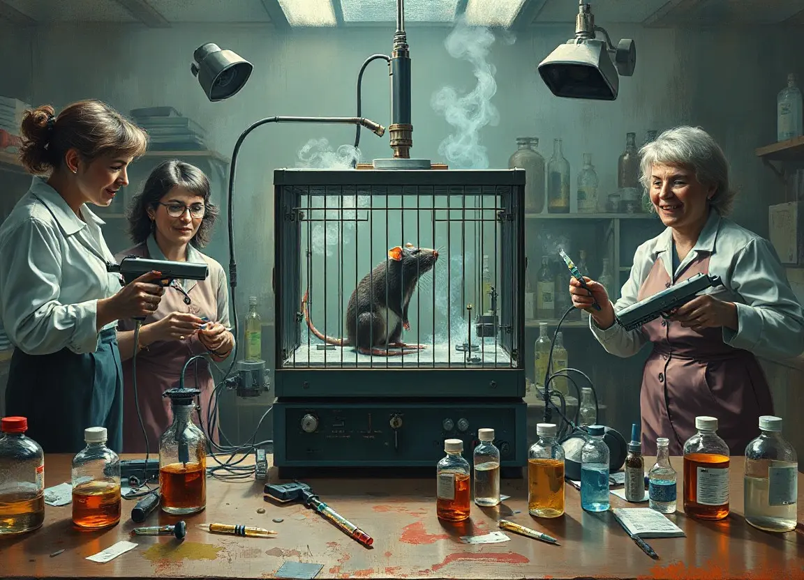 lab rat in a gas-filled cage surrounded by mad men and women laughing like maniacs with unknown devices aimed at it