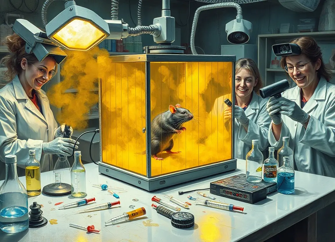lab rat in a gas-filled cage surrounded by mad men and women laughing like maniacs with unknown devices aimed at it