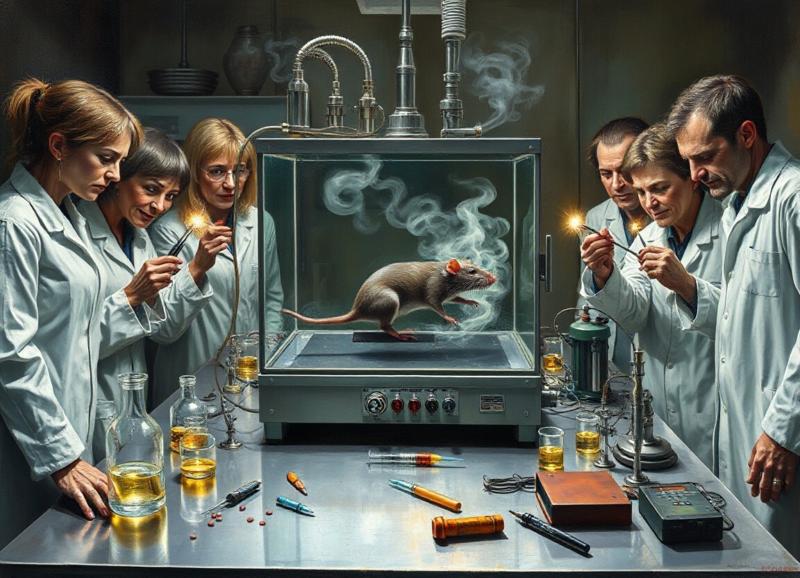 lab rat in a gas-filled cage surrounded by mad men and women laughing like maniacs with unknown devices aimed at it