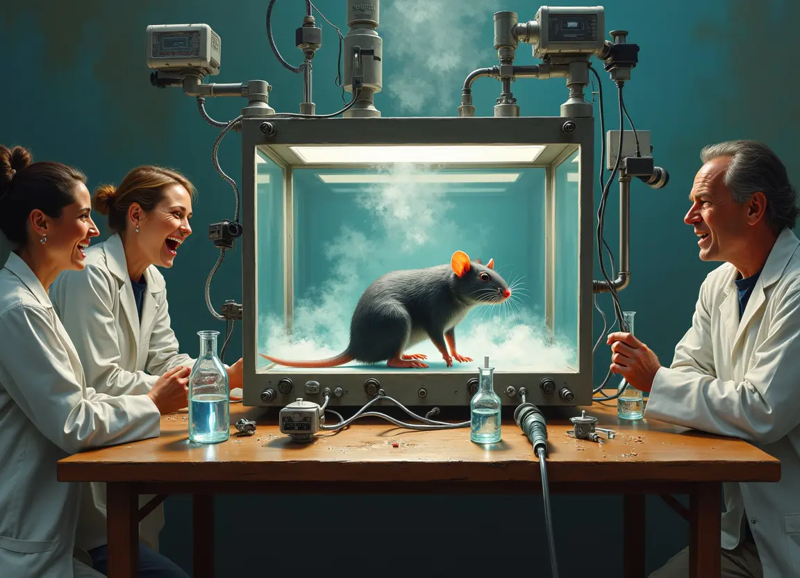 lab rat in a gas-filled cage surrounded by mad men and women laughing like maniacs with unknown devices aimed at it