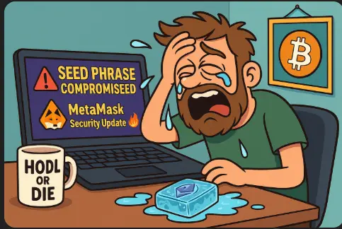 Cartoon-style crypto user crying in front of laptop showing 'Seed Phrase Compromised' and fake MetaMask security update, with HODL mug and Bitcoin poster in the background
