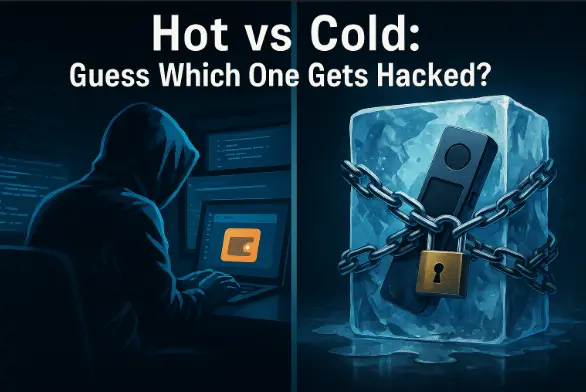 Digital split-screen image showing a hacker targeting a hot wallet on the left and a cold wallet locked in ice and chains on the right, with text 'Hot vs Cold: Guess Which One Gets Hacked?