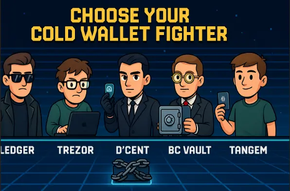 Cartoon-style image of five avatar characters representing cold wallets Ledger, Trezor, D’Cent, BC Vault, and Tangem in a PvP fighter game setting with text 'Choose Your Cold Wallet Fighter
