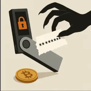Illustration of a cold wallet being compromised by a shadowy hand stealing a private key, representing cold wallet hacks and security vulnerabilities.