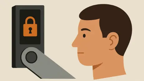 Illustration of a person staring at a cold wallet device with a padlock symbol, representing doubts about cold wallet security in 2025 amid rising cold wallet hacks. Ask ChatGPT