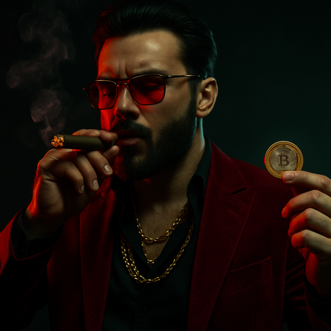 A stylish man in a red velvet jacket and red-tinted sunglasses, smoking a cigar. He holds a physical Bitcoin coin in his left hand, illuminated by a warm glow. The background is dark with red and green lighting.