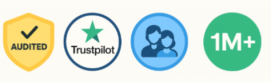 Colorful badges showing audit certification, Trustpilot review, team identity, and user volume to build trust in a crypto wallet