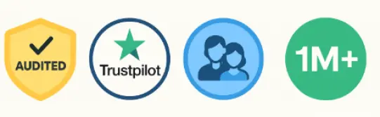 Colorful badges showing audit certification, Trustpilot review, team identity, and user volume to build trust in a crypto wallet