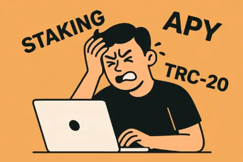 Frustrated user holding head while looking at a laptop, surrounded by crypto terms like STAKING, APY, and TRC-20