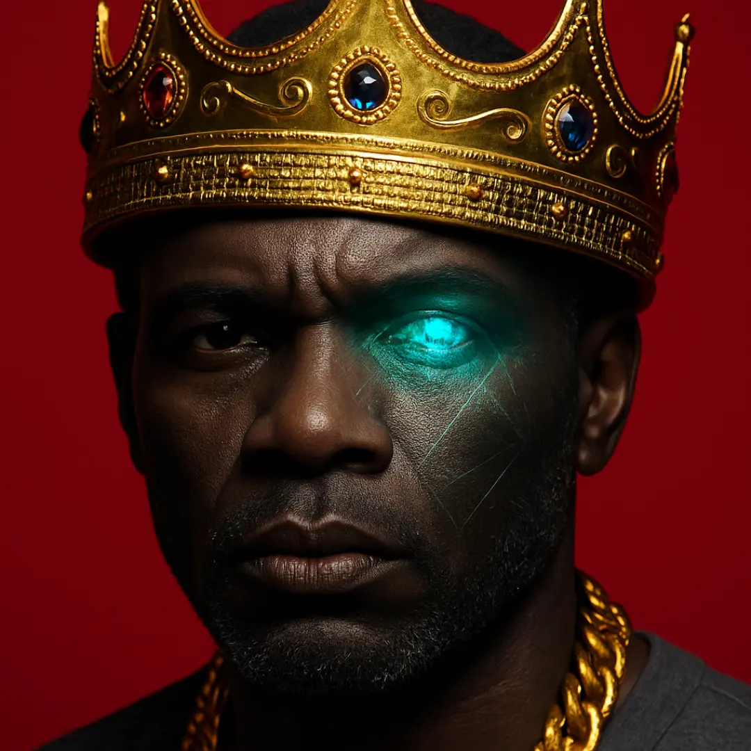 Close-up portrait of a person wearing a gold crown with jewels, looking sternly at the viewer. One eye glows with a bright, futuristic turquoise light, and faint digital lines are visible on their cheek. A thick gold chain is visible around their neck
