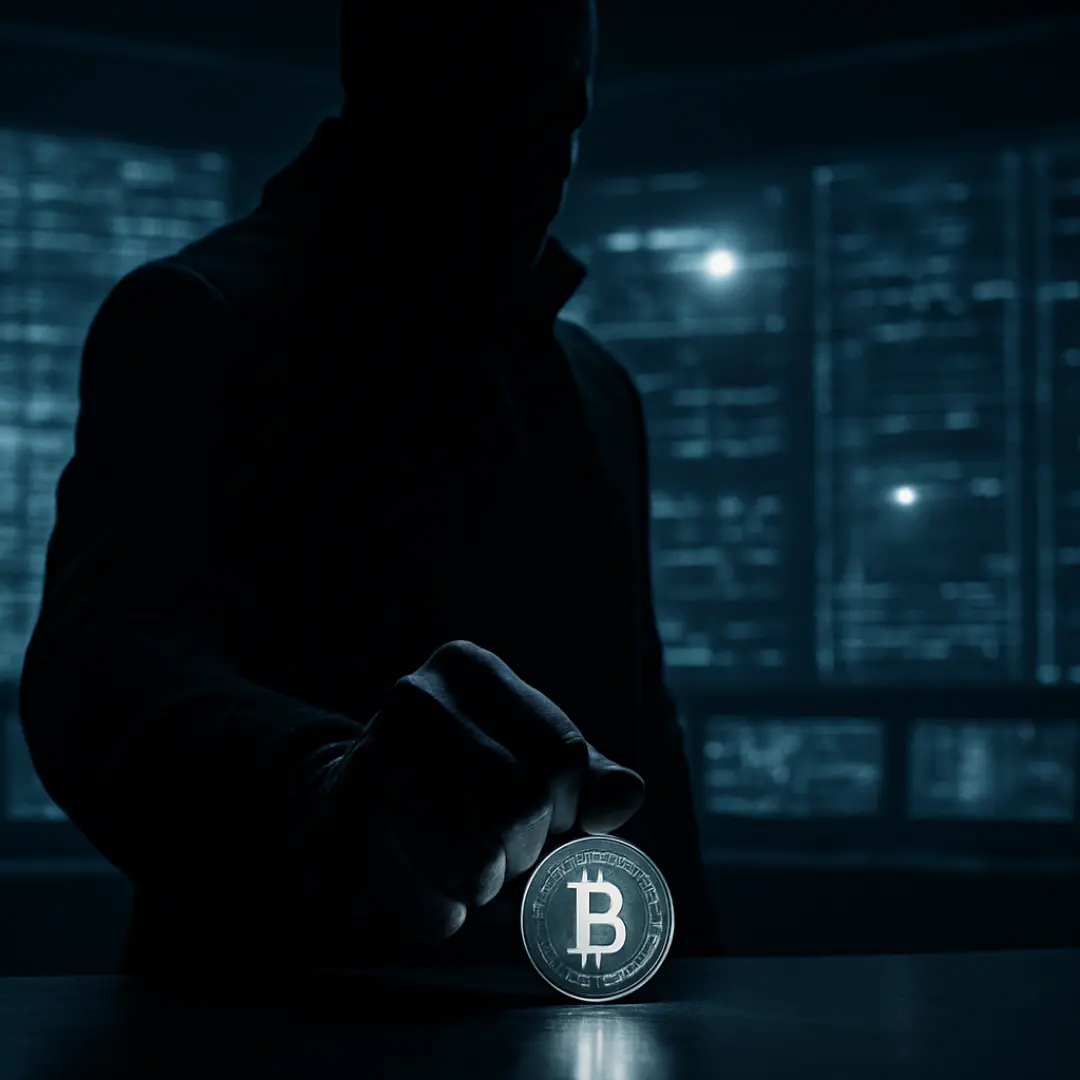 An image from NickG Crypto Preacher: A dark, silhouetted figure reaches a hand towards a glowing Bitcoin coin resting on a surface, with blurred city lights visible through windows in the background.
