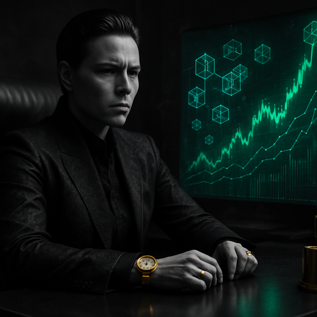 An image from NickG Crypto Preacher: A serious-looking person in a dark suit sits at a desk, looking intently at a large computer monitor that displays glowing green financial graphs and interconnected digital nodes. They wear a prominent gold watch and rings. The scene is dark, with strong contrast lighting.