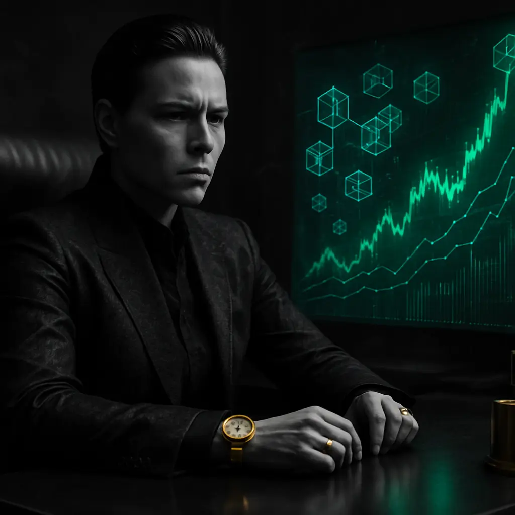 An image from NickG Crypto Preacher: A serious-looking person in a dark suit sits at a desk, looking intently at a large computer monitor that displays glowing green financial graphs and interconnected digital nodes. They wear a prominent gold watch and rings. The scene is dark, with strong contrast lighting.