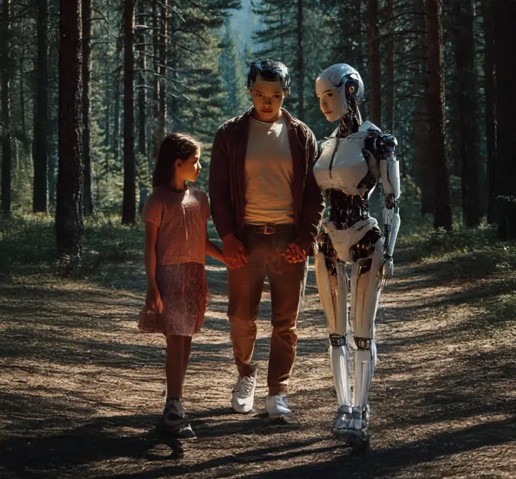 Dora, Kim and Sam walking through a forest holding hands.
