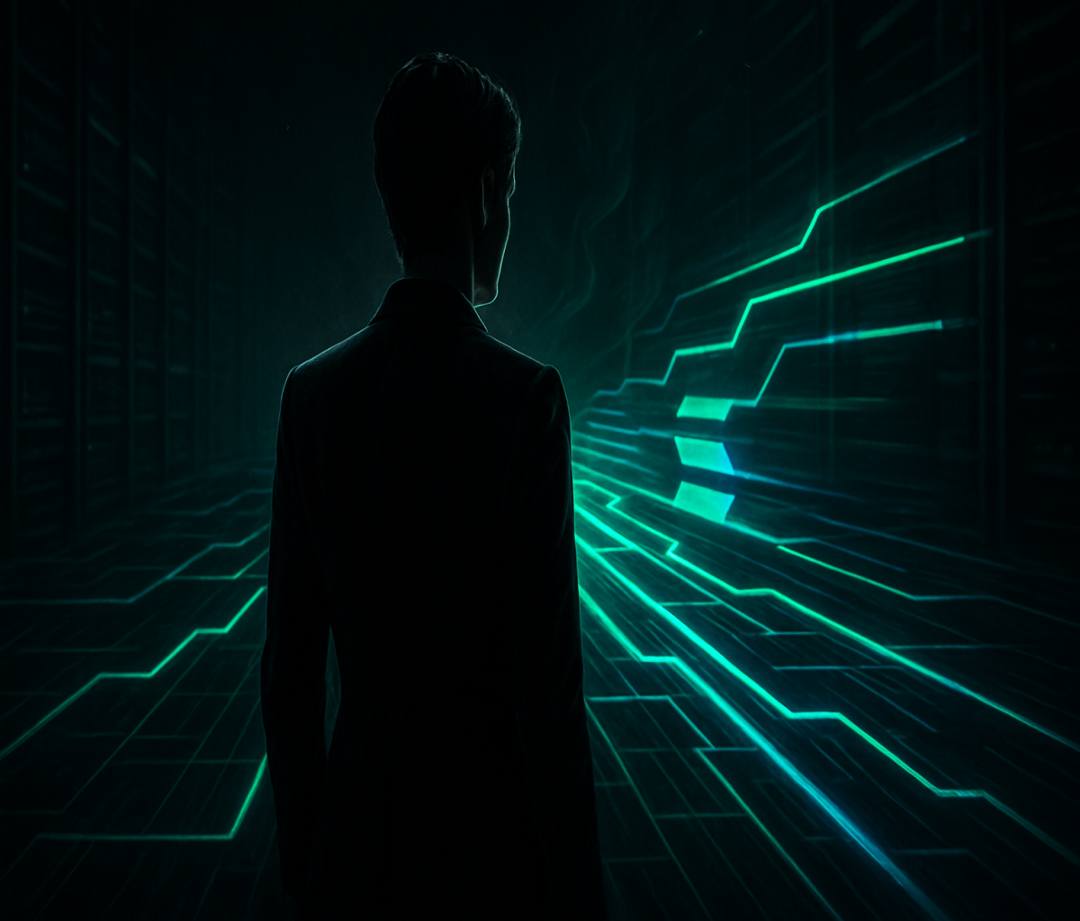 An image from NickG Crypto Preacher: A lone, silhouetted figure stands with their back to the viewer, looking into a futuristic tunnel filled with glowing green and blue digital data streams and geometric patterns, representing a high-speed network.