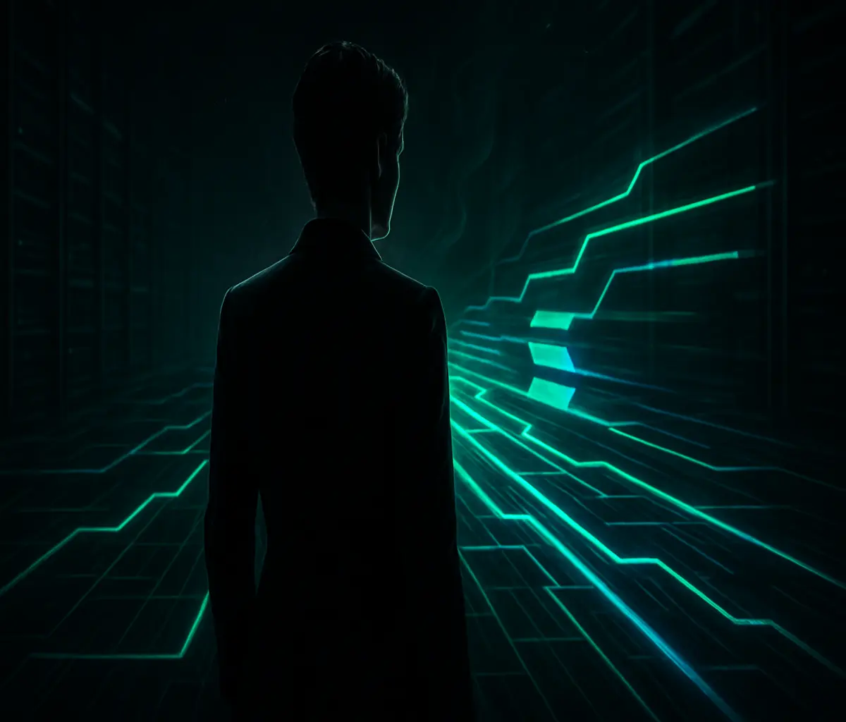 An image from NickG Crypto Preacher: A lone, silhouetted figure stands with their back to the viewer, looking into a futuristic tunnel filled with glowing green and blue digital data streams and geometric patterns, representing a high-speed network.