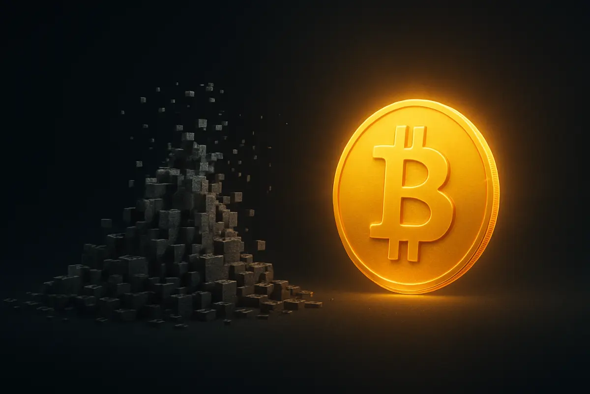 An image from NickG Crypto Preacher: A glowing gold Bitcoin coin stands prominently to the right, beside a dissolving pile of dark grey, block-like particles on the left, against a minimalist dark background.