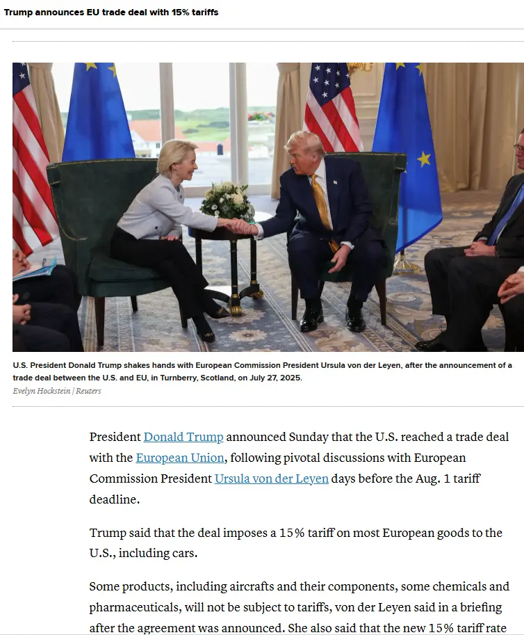 Trump makes deal with Europe july 27 2025