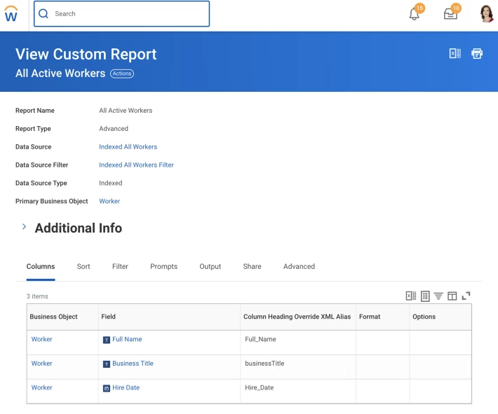 Workday Custom Report definition.