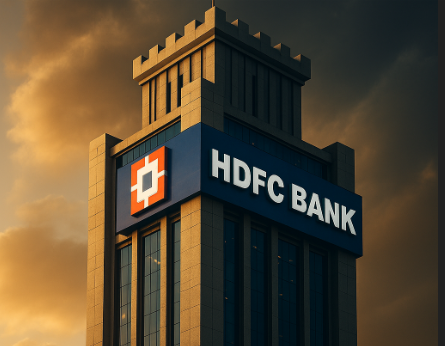 HDFC Bank headquarters depicted as a futuristic financial fortress symbolizing strength, innovation, and leadership in India's banking sector.