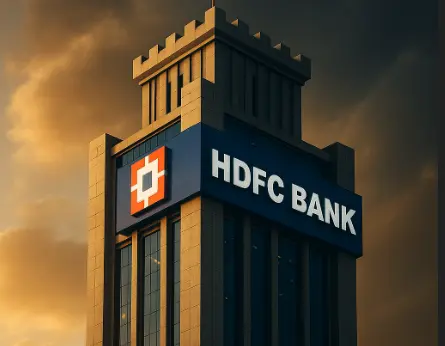 HDFC Bank headquarters depicted as a futuristic financial fortress symbolizing strength, innovation, and leadership in India's banking sector.
