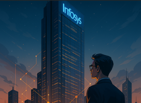 A digital illustration portrays Infosys Ltd. as a futuristic tech leader, featuring a glowing skyscraper with the Infosys logo, network lines symbolizing digital connectivity, and a young professional gazing up with admiration in a modern city skyline at twilight.