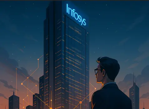 A digital illustration portrays Infosys Ltd. as a futuristic tech leader, featuring a glowing skyscraper with the Infosys logo, network lines symbolizing digital connectivity, and a young professional gazing up with admiration in a modern city skyline at twilight.