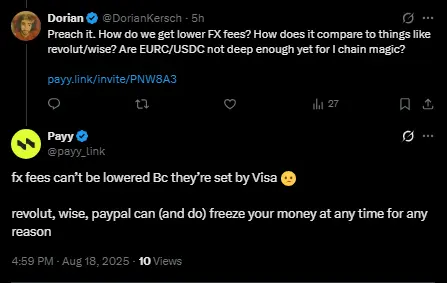 Screenshot of a Twitter post about Visa and PayPal FX fees, highlighting how PayPal, Wise, and Revolut can freeze freelancer payments at any time.
