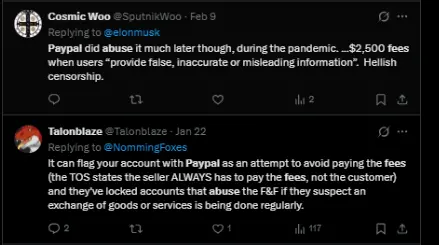 Screenshot of Twitter users complaining about PayPal fines of $2,500 and frozen accounts for fee avoidance, highlighting freelancer payment struggles.