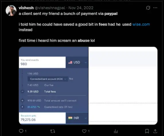 Screenshot of a Twitter post showing PayPal payment fees where $980 sent turns into $970 received, with users complaining about lost money compared to Wise.com.