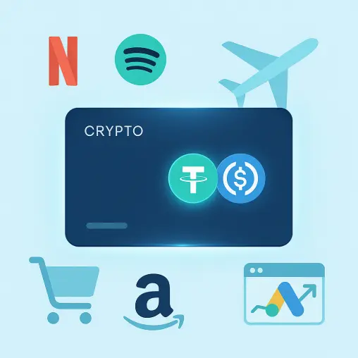 Illustration of a virtual crypto card with USDT and USDC logos surrounded by icons of Netflix, Spotify, Amazon shopping cart, airplane for travel, and Google Ads dashboard, representing everyday uses of cryptocurrency cards for entertainment, shopping, travel, and business.