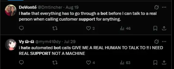 Screenshot of two user tweets complaining about automated customer support bots and asking for real human help.