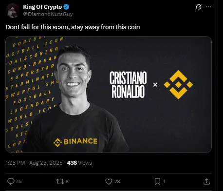 Twitter warning about a scam using Cristiano Ronaldo’s image with Binance branding to promote a fake coin, illustrating celebrity-based crypto fraud.