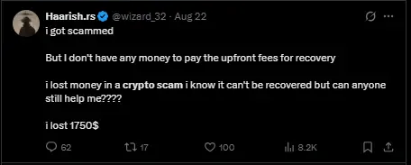 Twitter post exposing a direct message scam with fake account credentials and a suspicious website, claiming to hold over 1.6 million USDT.