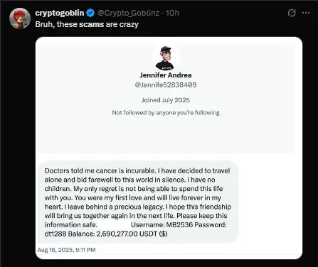 Twitter post showing a fake inheritance scam message where a supposed person with terminal illness shares login credentials and claims to leave 2.6 million USDT, a typical phishing attempt.