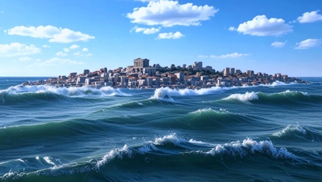 Ilustración ciudad emergiendo del mar