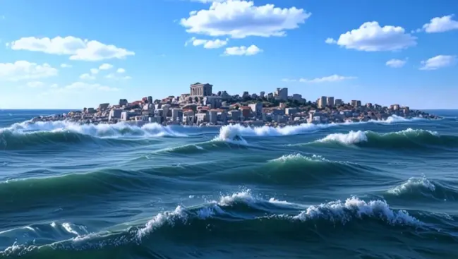 Ilustración ciudad emergiendo del mar