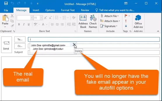 Example of a fake and genuine email address in Outlook. Source.