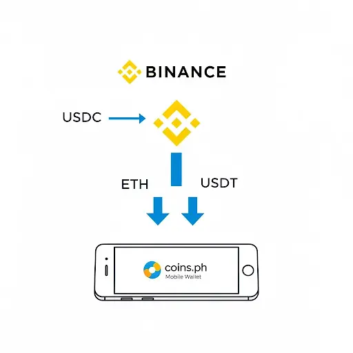 A digital illustration in a clean infographic style, showing the Binance logo (a yellow diamond) at the top. An arrow labeled 'USDC' points to the Binance logo. From the Binance logo, two new arrows emerge, one labeled 'ETH' and the other 'USDT', both pointing downwards towards a smartphone displaying the Coins.ph mobile wallet logo. Use simple arrows and a clean, easy-to-read style.