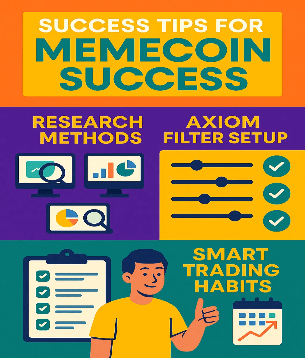 Success tips infographic for profitable memecoin trading